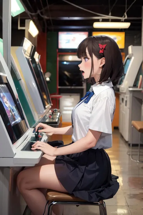 (masterpiece, best quality, high resolution:1.4), from side, sitting, sitting on chair,
BREAK
(1girls:1.4), annoyed, purple eyes, open mouth, looking away, <lora:Loraeyes_V1:0.5>,
BREAK
(brown hair), short hair, hairpin, medium breasts, school uniform,
BREAK
indoors, amusement arcade, joystick, gamecenter, scenery, chair, japan, <lora:boldline:-0.5>, <lora:gamecenter_SD15_V1:0.6>,