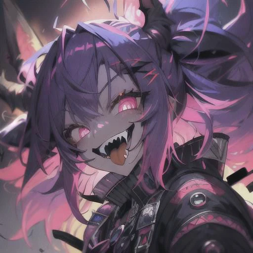 (ultra-detailed), (masterpiece), (best quality), (depth of field), (sharp focus), (cinematic lighting), (vibrant colors), <lora:PSYCHOPHONKY:1> 1girl, crazy smile, fangs, tongue sticking out, dynamic pose, upper body shot, monster, deranged
