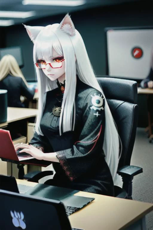 neko girl, long white hair with bangs, cat ears, cat eyes, modern fantasy, corporate office red dress, mage, sorcerer, glasses, grace, tattos, holding laptop, lace, beautiful girl, realistic style, dark makeup, cinematic style, hi resolution, digital art, realistic art, cinematic, modern fantasy style