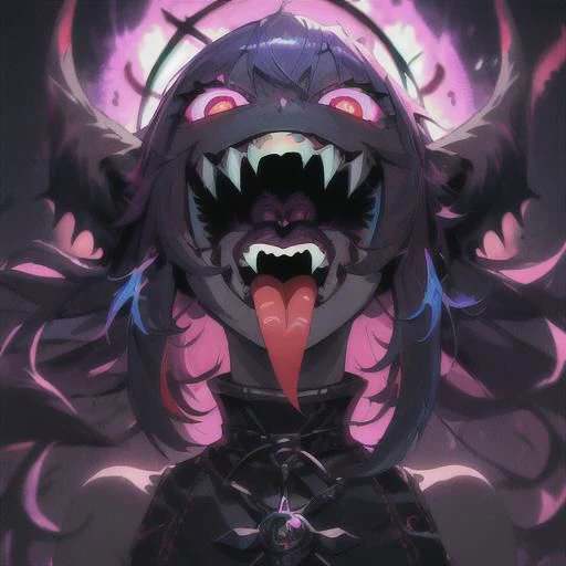 (ultra-detailed), (masterpiece), (best quality), (depth of field), (sharp focus), (cinematic lighting), (vibrant colors), <lora:PSYCHOPHONKY:1> 1girl, crazy smile, fangs, tongue sticking out, glowing eyes, dynamic pose, upper body shot, monster, deranged