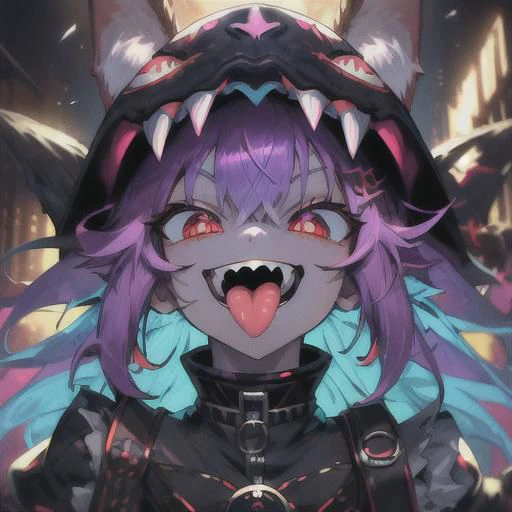 (ultra-detailed), (masterpiece), (best quality), (depth of field), (sharp focus), (cinematic lighting), (vibrant colors), <lora:PSYCHOPHONKY:1> 1girl, crazy smile, fangs, tongue sticking out, dynamic pose, upper body shot, monster, deranged