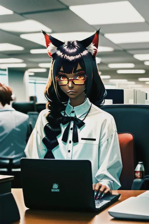nekomanta girl, dark tan, brown skin, long white hair with bangs and braid, cat ears, cat eyes, drinking beer, modern fantasy, corporate office red dress, mage, sorcerer, glasses, grace, tattos, holding laptop, lace, beautiful girl, realistic style, dark makeup, cinematic style, hi resolution, digital art, realistic art, cinematic, modern fantasy style
