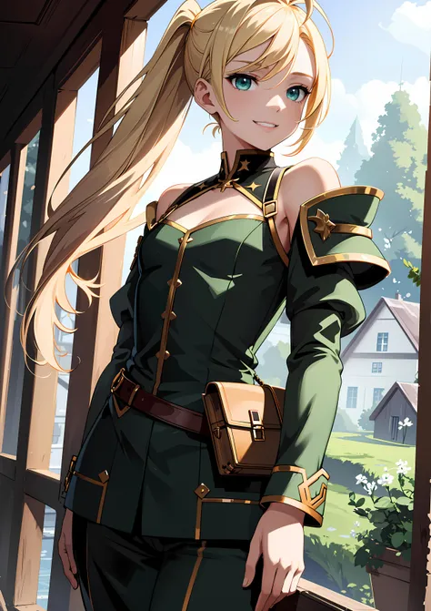 (fantasy:1.4), (anime), ((extremely detailed 8k illustration)), highres, (extremely detailed and beautiful background), ultra detailed painting, professional illustrasion, Ultra-precise depiction, Ultra-detailed depiction, (beautiful and aesthetic:1.2), HDR, (depth of field:1.4), (young girl), (WW2,green military costume,combat uniform,major), beautiful face and eyes, Beautiful hair, floating hair, shoulder length hair, (blonde hair), bobbed hair, pony tail, antenna hair, shiny skin, pretty, small stature, ( flat chest), grin,