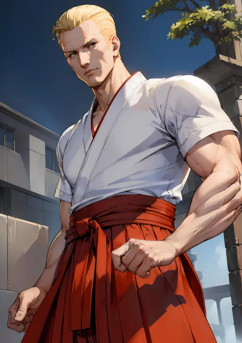 (fantasy:1.4), (anime), ((extremely detailed 8k illustration)), highres, (extremely detailed and beautiful background), ultra detailed painting, professional illustrasion, Ultra-precise depiction, Ultra-detailed depiction, (beautiful and aesthetic:1.2), HDR, (depth of field:1.4), (mature male:1.9), ((the king of fighters:1.2)), (Mafia boss:1.3), geese howard, (Master of Aikido:1.2), (an angular face:1.7), (Clean shaven face:1.4), ((blonde hair:1.4)), (very short hair:1.6), (slicked-back hairstyle:1.6), perfect body, (muscularity), 55 years old, ((red hakama:1.2)), (japanese white clothes), long sleeves, Clean dressing, character focus, evil smile, fighting stance, open stance,