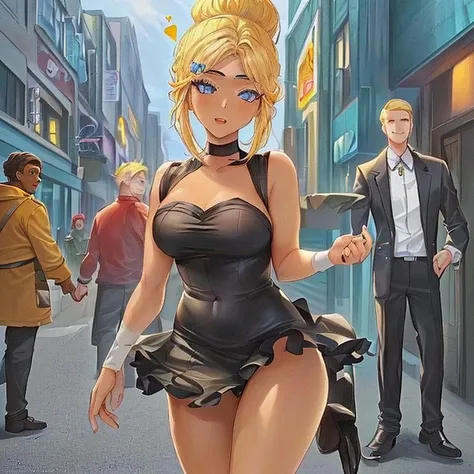 <lora:PiperNSFW:0.85> ((1girl)), ((3boy)), (piper, girl, yellow hair, hair in a bun, naked, blue eyes, posing, looking at viewer), (boys with dark skin, looking at girl, excited), street background, anime