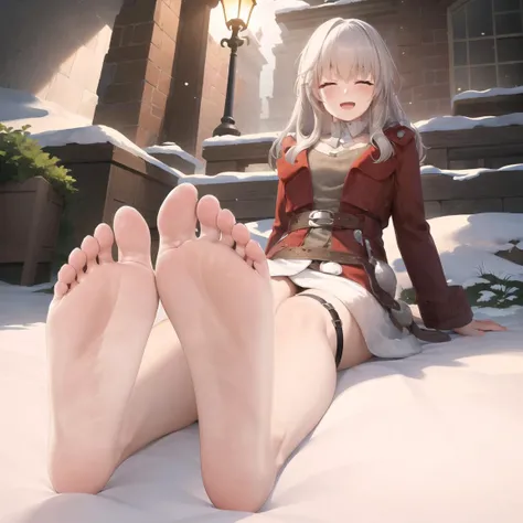 ((1girl, sitting, feet up, soles, starclara, happy face, open mouth, close eyes, long hair, long sleeves, bangs, belt, red eyes, white hair, red jacket, open jacket, white choker, white dress, single thigh strap, fur trim, ((extremely detailed toes)), detailed background, snow, (light particles:1.0), (sunlight:1.0) <lora:animefeetv4:0.6> <lora:ClaraStarRailV1:0.8> )), Anime, , , absurdres, high resolution, (8k resolution), 8k, 8kres, 8k res, high details, detailed and intricate, intricate details, high intricate details, absurd amount of details, super resolution, ultra hd, megapixel,