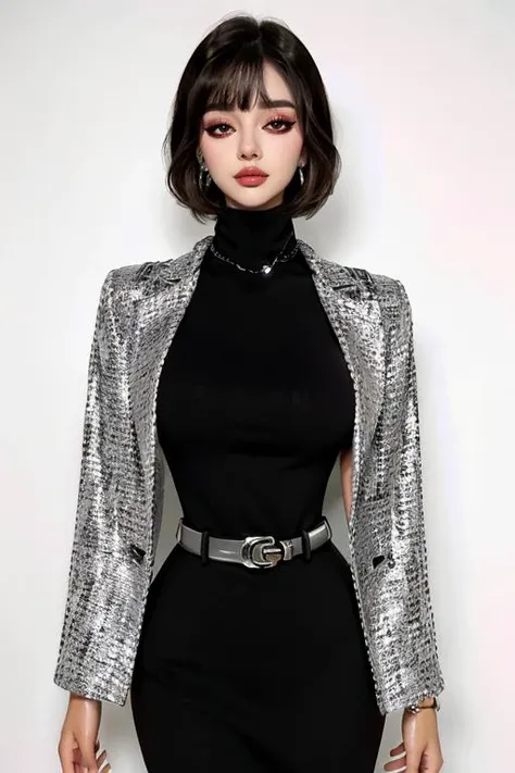 masterpiece, realistic, gorgeous, luxury, silver black, 1girl, hourglass body shape, wearing edgpdress with [belt] and ((blazer)), ((turtleneck)) sweater, necklace, earrings, [Kendall Jenner | Ana de Armas], face with glam makeup, detailed eyes, eyeshadow, blunt bangs, bob cut, gigantic breasts <lora:eyeliner_v1:0.8> <lora:microwaist_4_z:0.4> <lora:edgPencilDress_MINI:0.8> <lora:hourglassv01:0.6> <lora:BimboMakeup_v1:1>