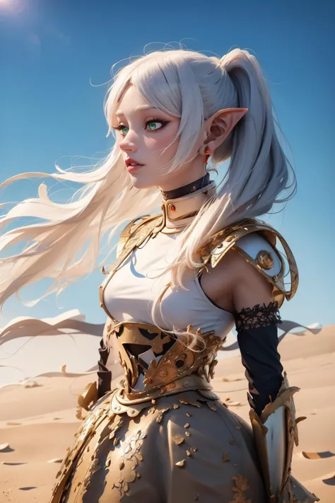 <lora:frieren:0.9>, Frieren, 1 girl, solo, white hair, twin tails, elf ears, green eyes, petite, (dark eye makeup), dark red lipstick, skirt , dynamic pose, dynamic angle, wandering the desert, sand, wind blowing hair, (extremely far shot), extremely detailed, ultradetail, high aesthetic, realistic, beautiful, emotional, expressive, visual poetry, sharp lines, refractive halation, ,<lora:armored_dress:0.7> armored_dress, shoulder armor, (silver armor), metalwork , extremely detailed engravings, hair ornament, jewelry, earrings , <lora:eyeliner_v1:0.6> ,