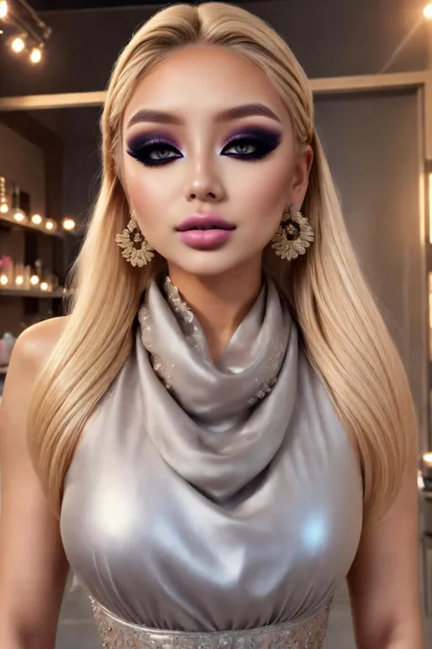 Photographing fashion items Fashion editorial style Quality: (edgQuality:1.2), (8k, best quality, RAW photo, realistic, intricate details, ultra high res, photorealistic, masterpiece, extremely detailed, cinematic light, Unreal Engine:1.4), (ultra realistic 8k cg, uhd, sharp focus, digital art:1.0), BREAK
Subject: ((Japanese woman:1.2), (bimbo, big ass, big tits, big lips:1.3), (stunning makeup, lipgloss:1.5), (Maple Sugar Blonde one side up:1.3), fFaceDetail, SkinDetail, HairDetail, EyeDetail, fHandDetail, <lora:western_bimbo_v1.0:0.5>, <lora:eyelashes_slider_v3:1>, <lora:eyeliner_v1:1>, <lora:glam style makeup:0.5>, <lora:BimboMakeup_v1:0.5>, <lora:n15g_aio_hairstyles-1.0:0.5>, (tanned skin, detailed hair, smooth skin, oiled skin, shiny skin, young:1.4), BREAK
Outfit: See-through Pearlescent (idol dress, big earrings, silk scarf:1.5), <lora:n15g_aio_clothing-1.0:0.5>, BREAK
Place: working in a brothel, BREAK
<lora:add_detail:0.5>, <lora:more_details:0.3>, Back view From below . High fashion, trendy, stylish, editorial, magazine style, professional, highly detailed, often for advertising, magazines, or brand promotion.