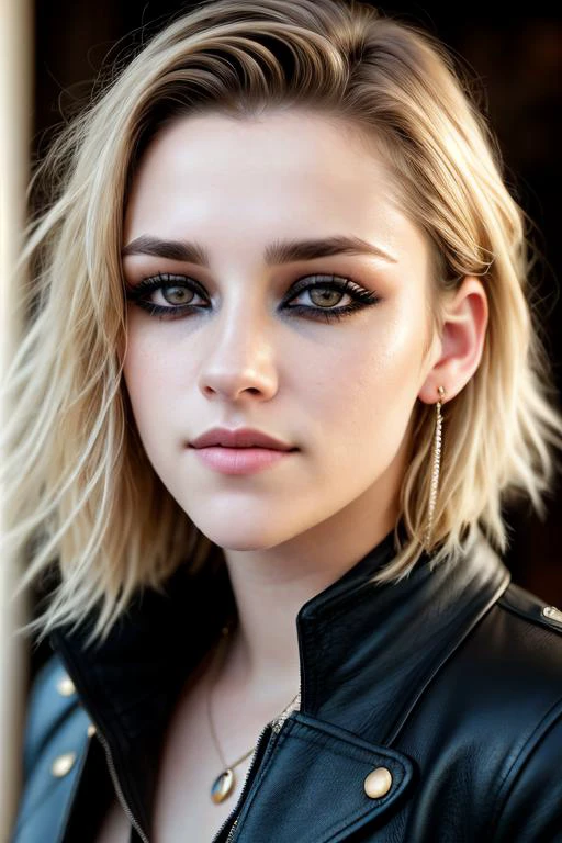 KristenS, (((2/3 body view))), ((black leather coat)), (((Very short buzzed hair))), (((White Blonde hair))), (((Black Eyeliner on upper and lower eye lids))), model shoot style, 8k raw, high res, ultrarealistic, hyperrealistic, soft lighting, good lighting, textured skin, photorealism, DSLR photo, high details, detailed face, detailed hair, skin pores, (looking at viewer), (Real Eyes), (Detailed Eye Corneas), (detailed pupils), ((smiling)), photo lab, elegant, insane details, hyperdetailed, low contrast, epiCRealism, Detailed and realistic photography, intricate and realistic eyes, shot outside, skin texture, soft natural lighting, 85mm lens, magical photography, dramatic lighting, ultra-detailed, Kodak 800T, (((SFW))) <lora:eyeliner_v1:0.85>