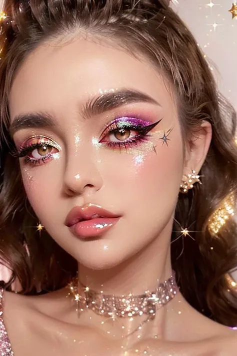 realistic, masterpiece, intricate, luxury, diamond, 1girl, looking at viewer, shiny skin, (retro waves:1.2), ([Kylie Jenner | Ana de Armas]:1.2), (glam makeup:1.2), (downturned eyes:1.2), (detailed pupils:1.2), (glitter glow sparkle eyeshadow:1.6), (glossy plump lips:1.2), (arch eyebrows:1.2), bare shoulders, collarbone, necklace, earrings, eyelashes, eyeliner <lora:BimboMakeup_v1:1> <lora:eyeliner_v1:0.6> <lora:lip_slider_v7:1> <lora:eyebrows_slider_v2:2>