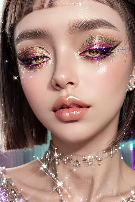 realistic, masterpiece, intricate, luxury, diamond, 1girl, shiny skin, (blunt bangs:1.4), [Kylie Jenner | Ana de Armas], face with (glam makeup:1.2), (detailed down turned eyes:1.2), necklace, earrings, big lips, (glossy plump lips:1.2), eyelashes, eyeliner, (glitter glow eyeshadow:1.6) <lora:BimboMakeup_v1:1> <lora:eyeliner_v1:1> <lora:lip_slider_v7:1> <lora:more_details:0.4>