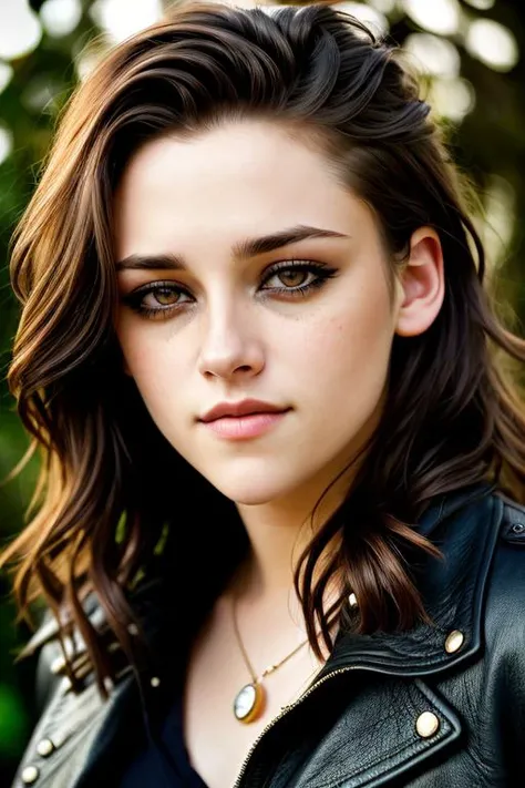 KristenS, (((2/3 body view))), ((black leather coat)), Black Eyeliner on upper and lower eye lids, model shoot style, 8k raw, high res, ultrarealistic, hyperrealistic, soft lighting, good lighting, textured skin, photorealism, DSLR photo, high details, detailed face, detailed hair, skin pores, (looking at viewer), (Real Eyes), (Detailed Eye Corneas), (detailed pupils), ((smiling)), photo lab, elegant, insane details, hyperdetailed, low contrast, epiCRealism, Detailed and realistic photography, intricate and realistic eyes, shot outside, skin texture, soft natural lighting, 85mm lens, magical photography, dramatic lighting, ultra-detailed, Kodak 800T, (((SFW))) <lora:eyeliner_v1:0.85>
