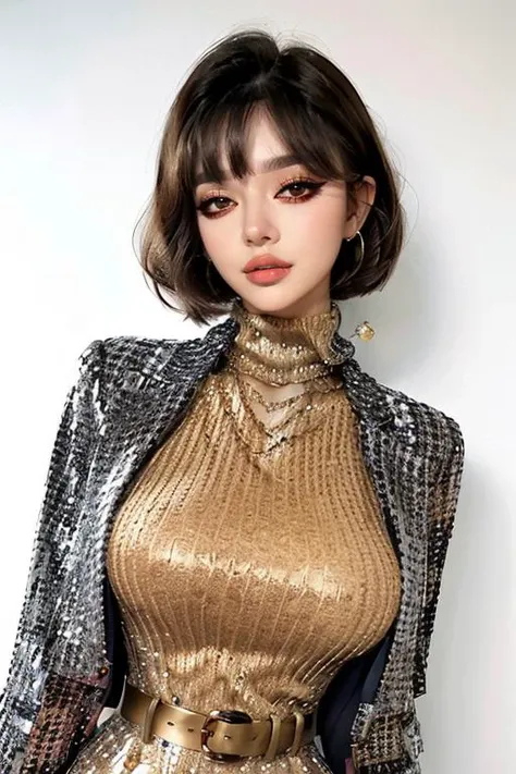 masterpiece, realistic, gorgeous, luxury, gold and black, 1girl, hourglass body shape, wearing edgpdress with [belt] and ((blazer)), ((turtleneck)) sweater, necklace, earrings, [Kendall Jenner | Ana de Armas], face with glam makeup, detailed eyes, eyeshadow, blunt bangs, bob cut, gigantic breasts <lora:eyeliner_v1:0.8> <lora:microwaist_4_z:0.4> <lora:edgPencilDress_MINI:0.8> <lora:hourglassv01:0.6> <lora:BimboMakeup_v1:1>