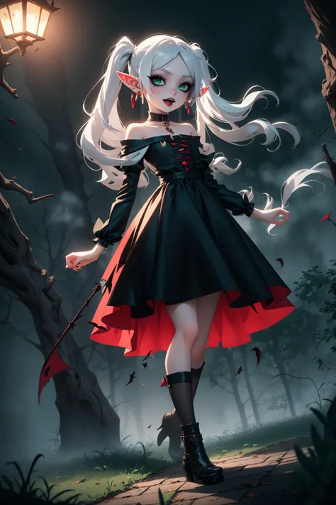 <lora:frieren:0.8>, Frieren, 1 girl, (solo), white hair, twin tails, elf ears, (green eyes), petite, (dark eye makeup), strong eye makeup, dark red lipstick , evening dress, vampire fangs, dynamic angle, night, misty wood, wind blowing hair, (full body shot), extremely detailed, ultradetail, high aesthetic, realistic, beautiful, emotional, expressive, visual poetry, sharp lines , hair ornament, jewelry, earrings , <lora:eyeliner_v1:0.9>, <lora:GothConceptV2:0.6> ,