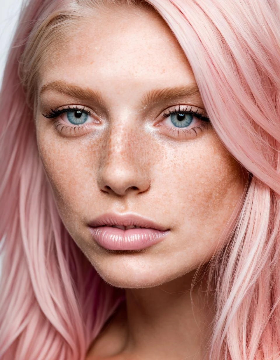 photo of a woman with blonde hair with pink in it, light freckles, kissy face close up of face <lora:eyeliner_v1:0>, award winning photography