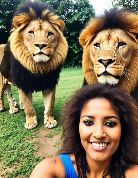 a woman taking a selfie with a lion behind her <lora:eyeliner_v1:0.7>,