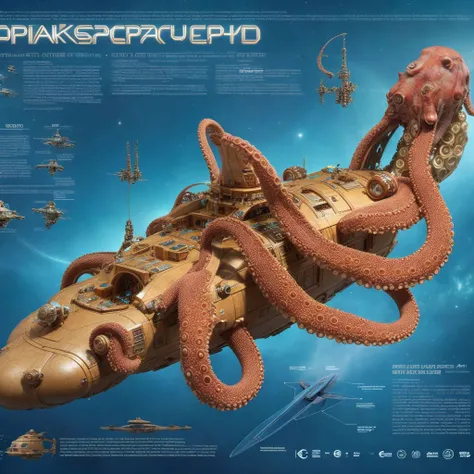 schematic diagram of an octopus inspired spaceship, 4k, film grain, vintage collectors item