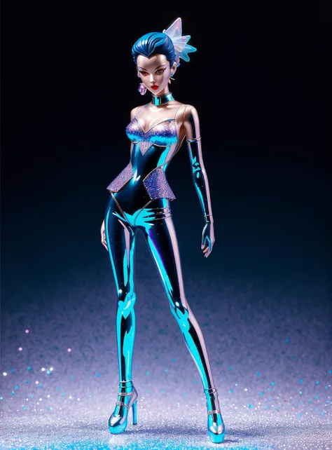 James Jean isolated cheerful tomboy vinyl figure, enticing figure photography, dynamic pose, artistic and delicate form, holographic undertones, glitter accents on figure, anime stylized, accurate proportions, high detail, ethereal lighting - H640, masterpiece by thierry mugler