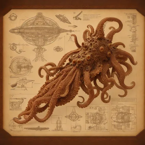 schematic diagram of an octopus inspired spaceship, 4k, film grain, vintage collectors item