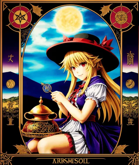 marisa kirisame, touhou project, airbrush, intricate, amazing line work, colorful, tarot cards, the devil tarot card