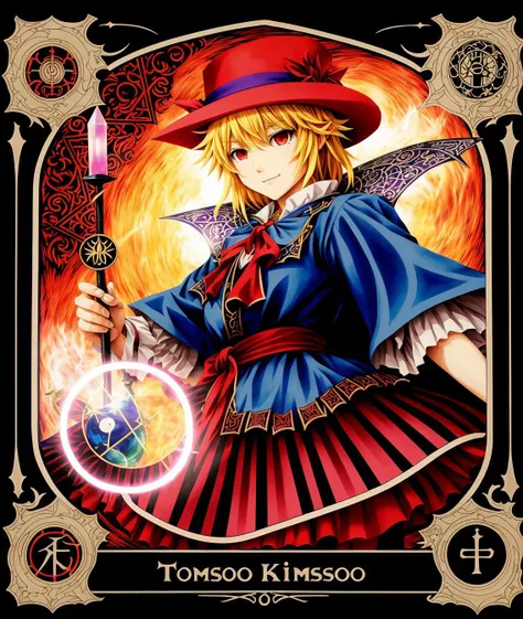 marisa kirisame, touhou project, airbrush, intricate, amazing line work, colorful, tarot cards, the devil tarot card