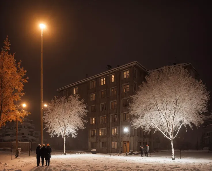 beautiful photo of old soviet residential building in russian suburbs, lights are on in the windows, deep night, post - soviet courtyard, rusty walls, cozy atmosphere, winter, heavy snow, fog, street lamps with orange light, several birches nearby, several elderly people stand at the entrance to the building