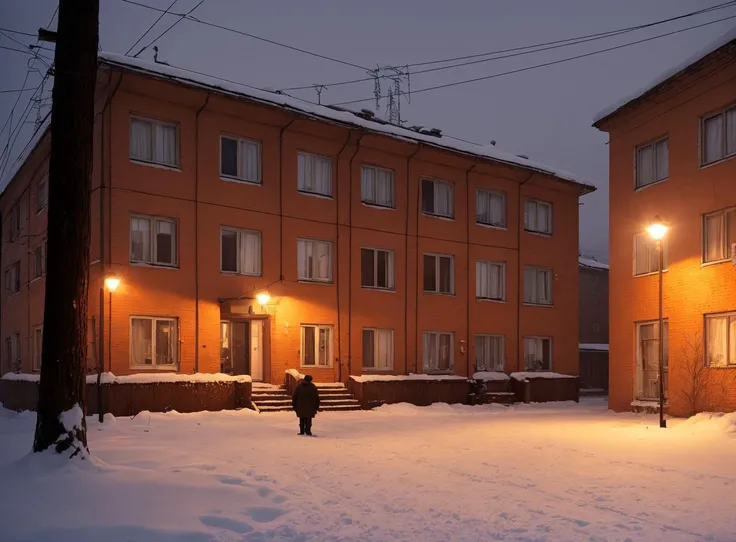 noisy 1990 photo of old soviet residential building in russian suburbs, lights are on in the windows, deep night, post - soviet courtyard, rusty walls, cozy atmosphere, winter, heavy snow, light fog, street lamps with orange light, several birches nearby, several elderly people stand at the entrance to the building