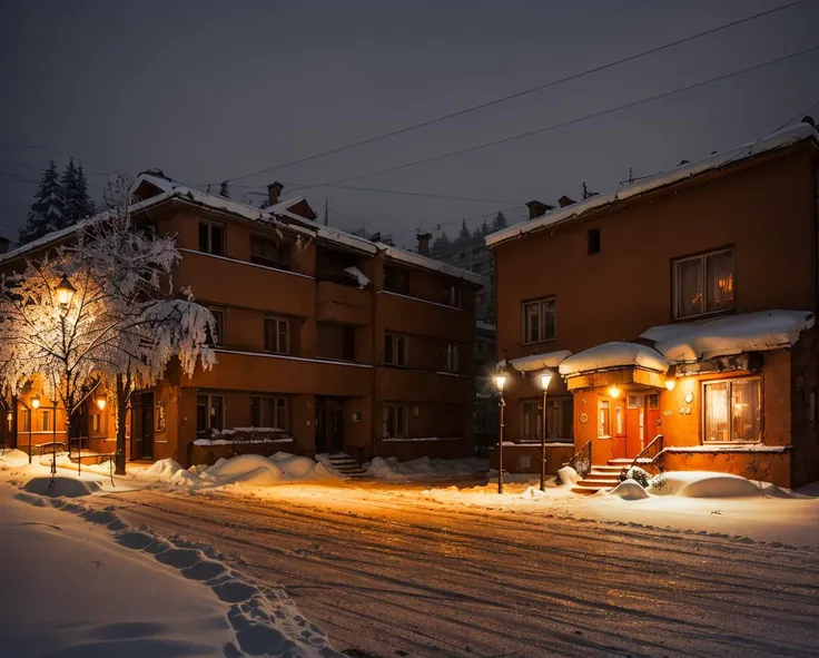 beautiful photo of old soviet residential building in russian suburbs,street photography, <lora:epiNoiseoffset_v2:2>, moscow, saint petersburg, lights are on in the windows, deep night, post - soviet courtyard, rusty walls, cozy atmosphere, winter, heavy snow, fog, street lamps with orange light, several birches nearby, several elderly people stand at the entrance to the building