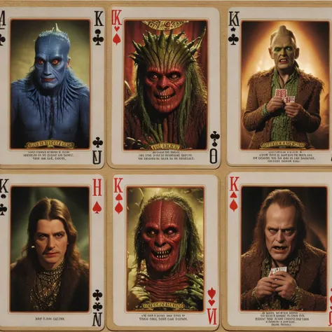 collection of playing cards with realistic pictures of famous monsters, 4k, film grain, vintage collectors item