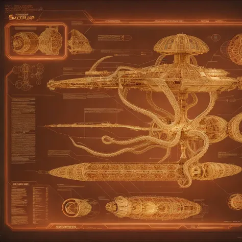 schematic diagram of an octopus inspired spaceship, 4k, film grain, vintage collectors item