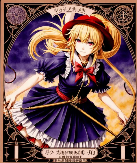 marisa kirisame, touhou project, amano, airbrush, intricate, amazing line work, colorful, tarot cards, the devil tarot card