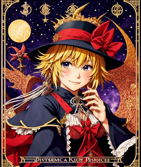 marisa kirisame, touhou project, intricate, amazing line work, colorful, tarot cards, the devil tarot card