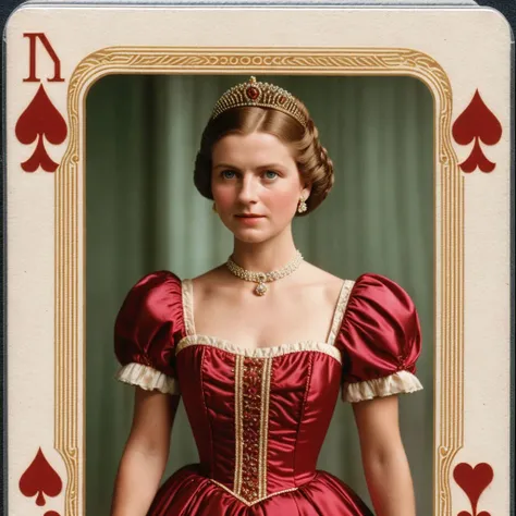 playing card with realistic picture of a lady wearing a princess dress, 4k, film grain, vintage collectors item