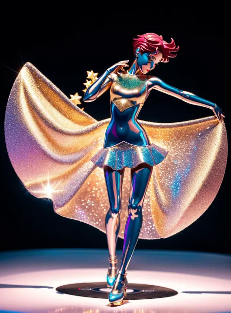 James Jean isolated cheerful tomboy vinyl figure, enticing figure photography, dynamic pose, artistic and delicate form, holographic undertones, glitter accents on figure, anime stylized, accurate proportions, high detail, ethereal lighting - H640, masterpiece by thierry mugler