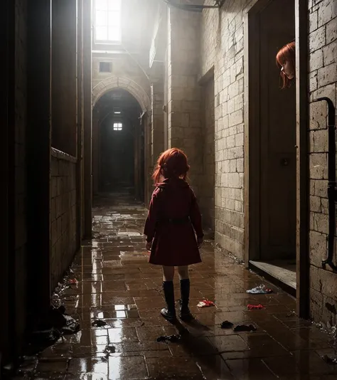 photorealistic anime by wlop, a small girl with red hair, ragged tunic, explores a dark sewer dungeon, stone tile floor, many doorways, puddles, traps, garbage piles, behind shot, medium shot, highly detailed, full shading, dramatic lighting