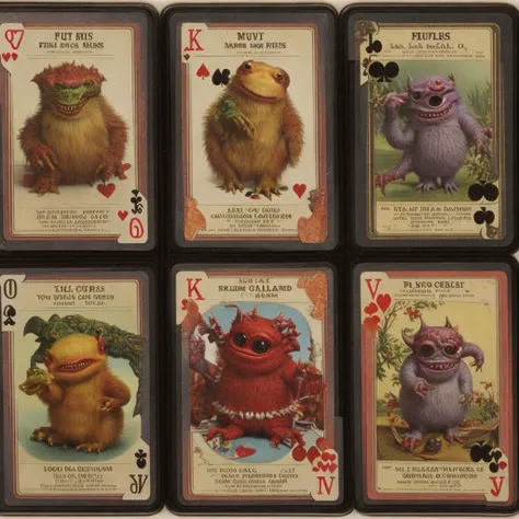 collection of playing cards with realistic pictures of famous cute adorable monsters, 4k, film grain, vintage collectors item