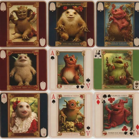 collection of playing cards with realistic pictures of famous cute adorable monsters, 4k, film grain, vintage collectors item