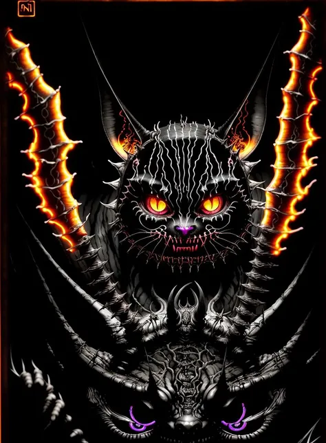 cheshire cat, demonic eyes, dark and gloomy, glowing vibrant eyes of fire, translucent neon, anatomical details, cinematic by tsutomu nihei, emil melmoth, gustave dore, craig mullins, yoji shinkaw