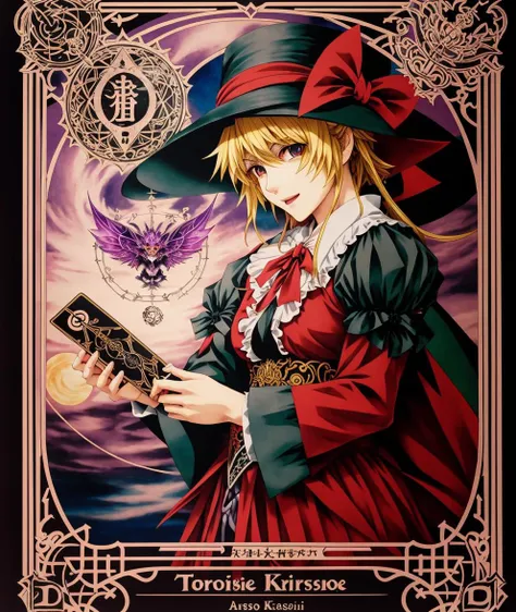 marisa kirisame, touhou project, amano, airbrush, intricate, amazing line work, colorful, tarot cards, the devil tarot card