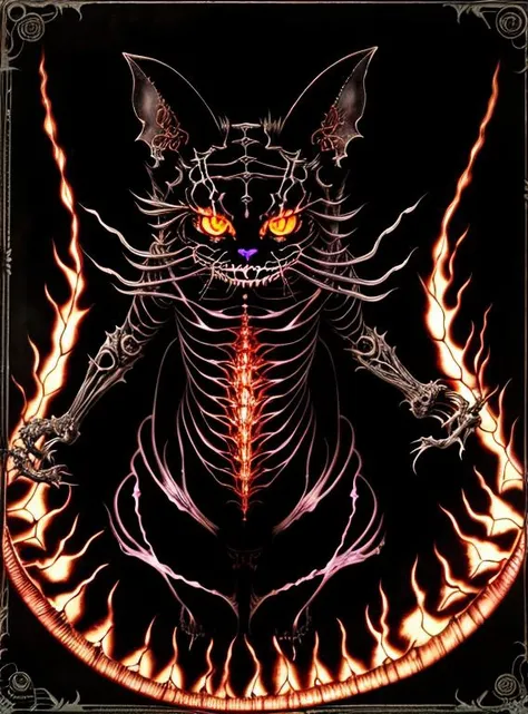 cheshire cat, demonic eyes, dark and gloomy, glowing vibrant eyes of fire, translucent neon, anatomical details, cinematic by tsutomu nihei, emil melmoth, gustave dore, craig mullins, yoji shinkaw
