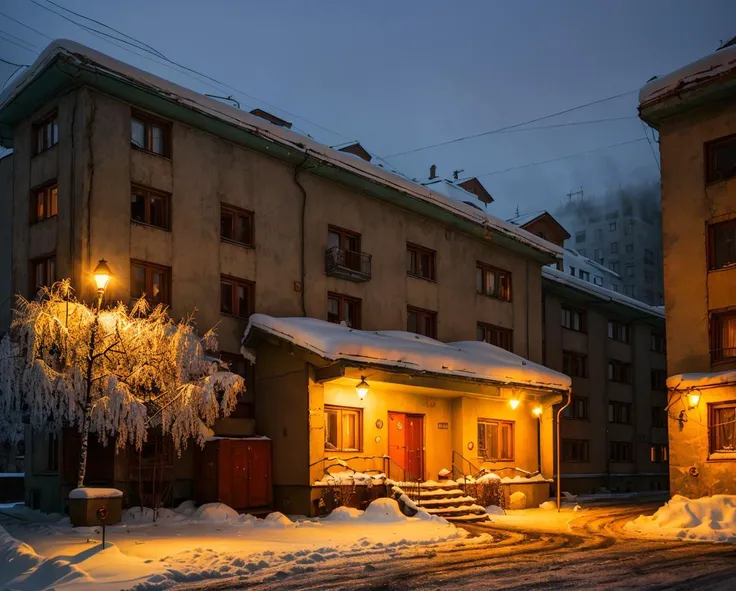 beautiful photo of old soviet residential building in russian suburbs,street photography, moscow, saint petersburg, lights are on in the windows, deep night, post - soviet courtyard, rusty walls, cozy atmosphere, winter, heavy snow, fog, street lamps with orange light, several birches nearby, several elderly people stand at the entrance to the building,  <lora:epiNoiseoffset_v2:2>