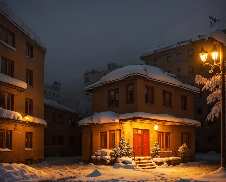 beautiful photo of old soviet residential building in russian suburbs,street photography, moscow,saint petersburg, lights are on in the windows, deep night, post - soviet courtyard, rusty walls, cozy atmosphere, winter, heavy snow, fog, street lamps with orange light, several birches nearby, several elderly people stand at the entrance to the building,  <lora:epiNoiseoffset_v2:1.8>