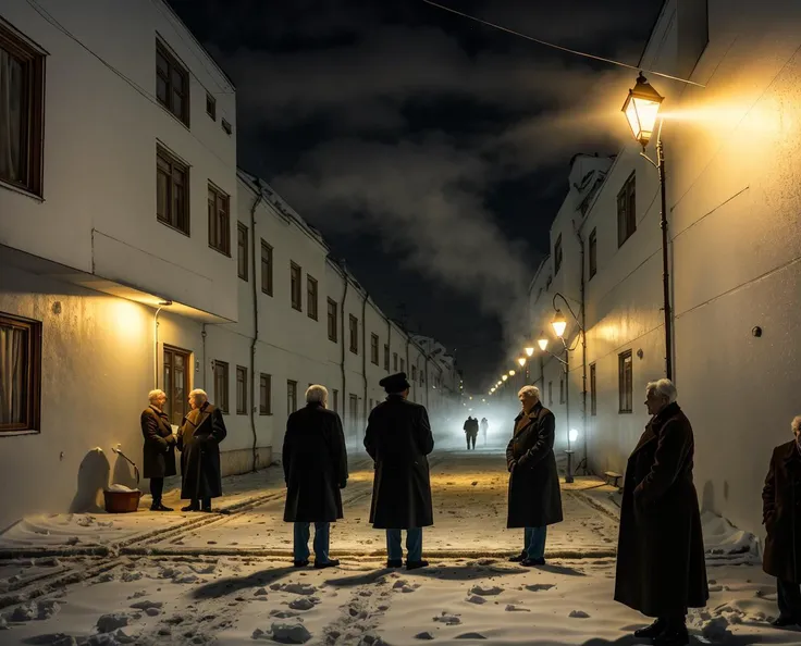 lively soviet residential buildings in russian suburbs, street grunge photography, deep night, <lora:epiNoiseoffset_v2:1.6>, lights are on in the windows, post - soviet courtyard, fog, moscow, saint petersburg, several elderly people stand at the entrance to the building