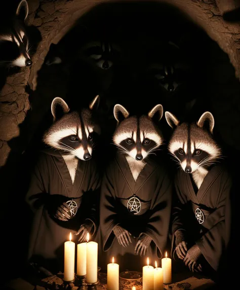 vintage point and shoot camera photo, a group of raccoons wearing dark cult robes look towards the camera in surprise and anger as they perform a dark occult evil ceremony inside the secret lair of an underground mystery cult, dramatic candlelight, pentagrams, ultra - detailed, photorealistic, 4k