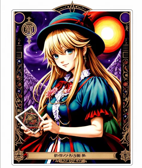 marisa kirisame, touhou project, airbrush style painting, intricate, amazing line work, colorful, tarot cards, the devil tarot card