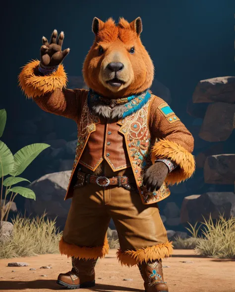 detailed full body colorful anthropomorphic capybara cowboy waving hand in full intricate clothing, biomutant, ultra detailed, octane render, 4K, fur