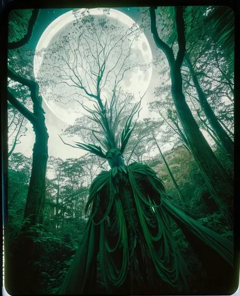 4k rhizomatic computer vision!!!! a forest god, his insectile head materialising from the canopy ; corporeal chitinous flesh spun solid from beam and vapour. he manifests in moonlight, slipping through arched branches, night time photography mystical polachrome 3 5 mm instant film