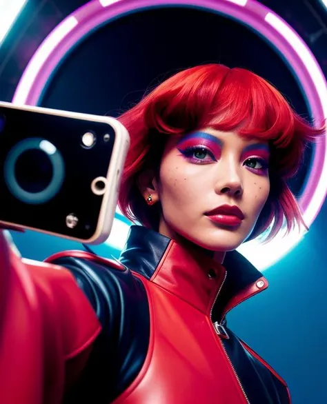 (fisheye selfie photo:1.2) of a fashion model by thierry mugler, cyberpunk detailed background, vibrant colors by Katsuhiro Otomo