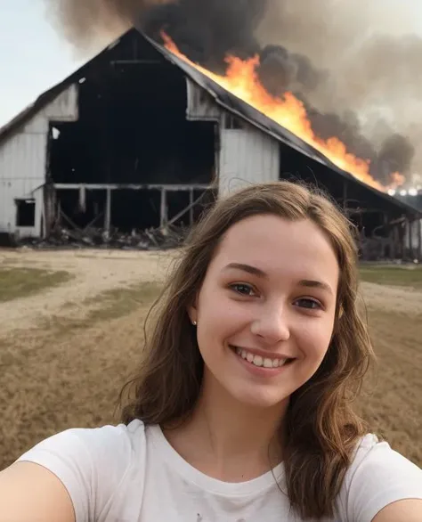 young woman taking a selfie and smiling whilst a barn burns down in the background, soft edges, subtle calm